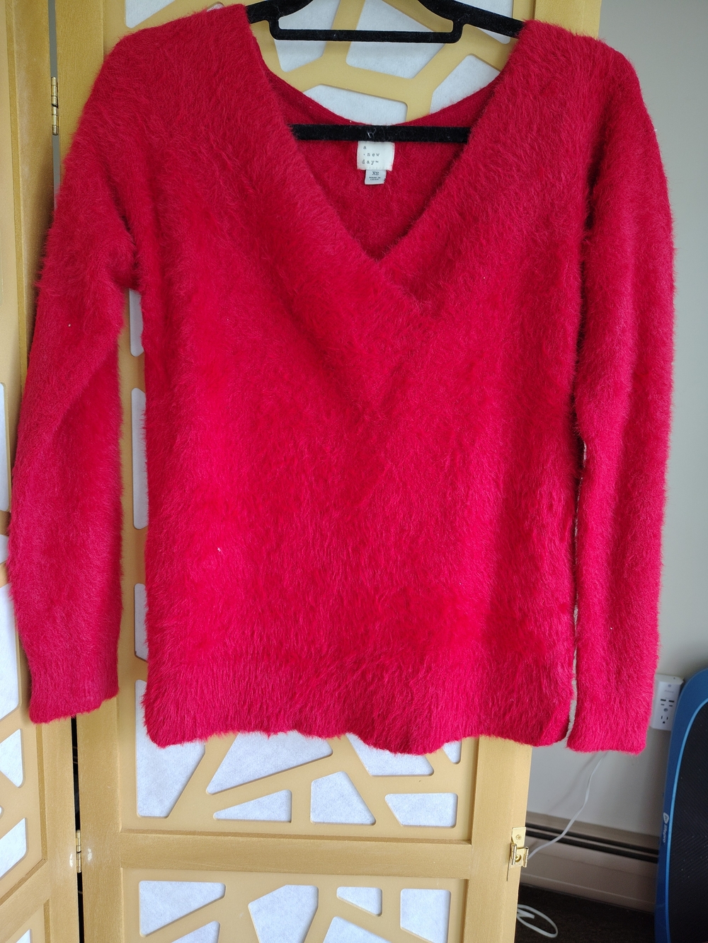 a new day Bright Red Fuzzy V-Neck Sweater